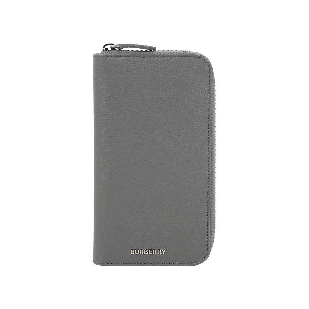 BURBERRY 銀字粒紋牛皮內拼格紋拉鍊長夾(煤灰色), , large