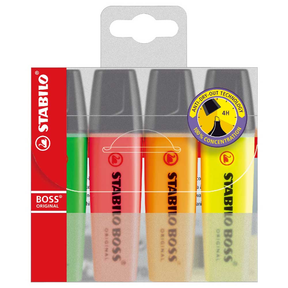 STABILO 德國 思筆樂 BOSS ORIGINAL 波士經典螢光筆 塑膠吊盒 4色組/盒 ST70/4, , large