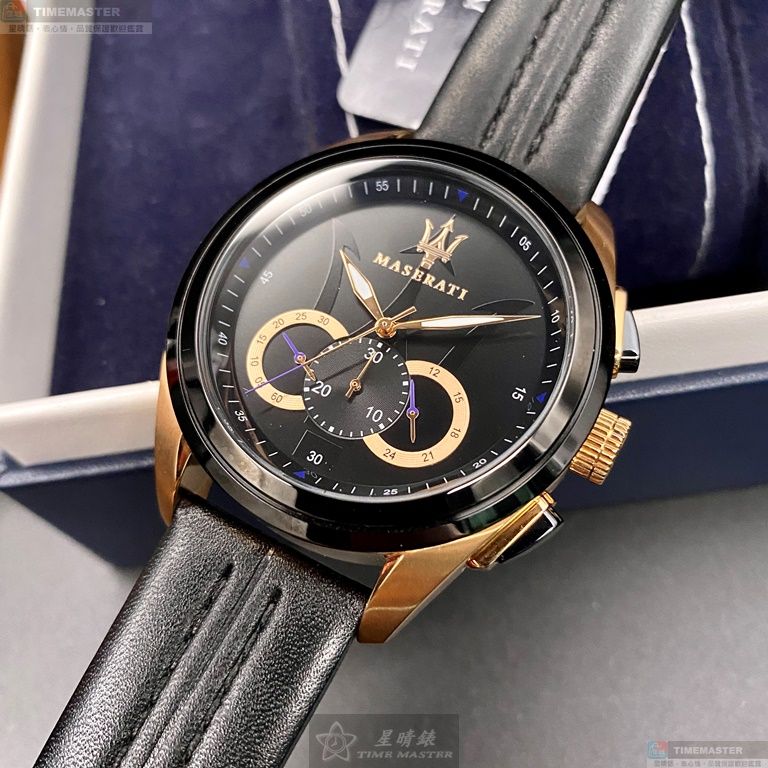 [星晴錶業]MASERATI手錶,46mm,R8871612025黑色錶面黑錶殼深黑色真皮皮革錶帶款, , large