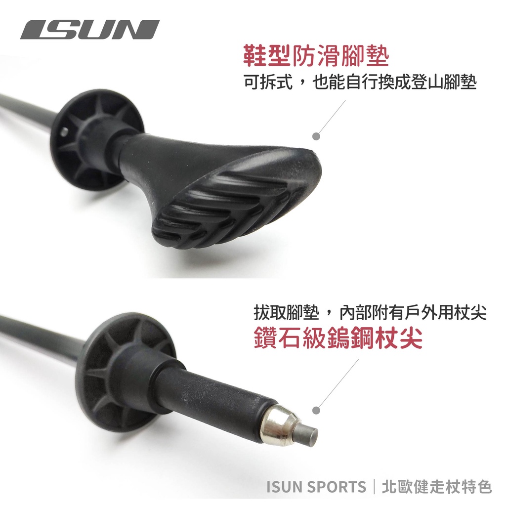 【ISUN】北歐健走杖(一組2支) 2色任選｜專業健走用具 MIT高強度鋁杖身 附腳墊及擋泥板, , large
