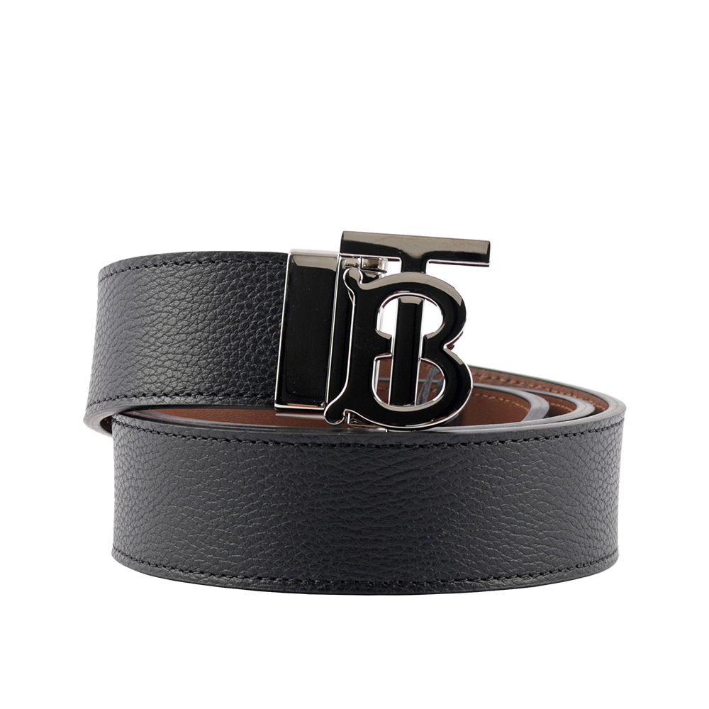 BURBERRY 銀色Logo 牛皮及平滑皮革雙面可用皮帶 105cm/黑色/棕褐色