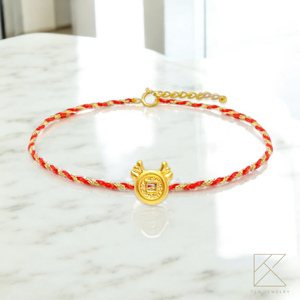 【TLH】黃金墜紅繩親子款手繩 純金999 多選 招財開運錢母 約重0.04錢&plusmn;0.01