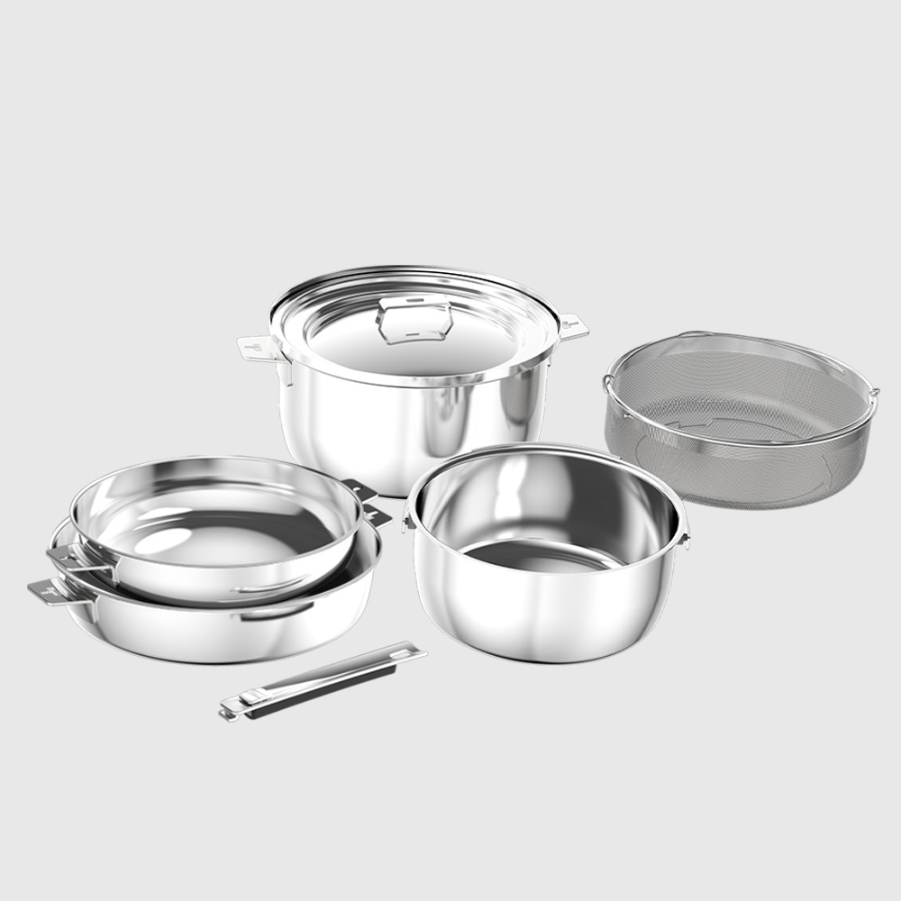 THANKFUL Chef's Steel Good Pot Series - Stainless Steel Frying Pan + Soup Pot All-in-One Set (includes 1 detachable handle + 1 shared 24cm soup pot lid)