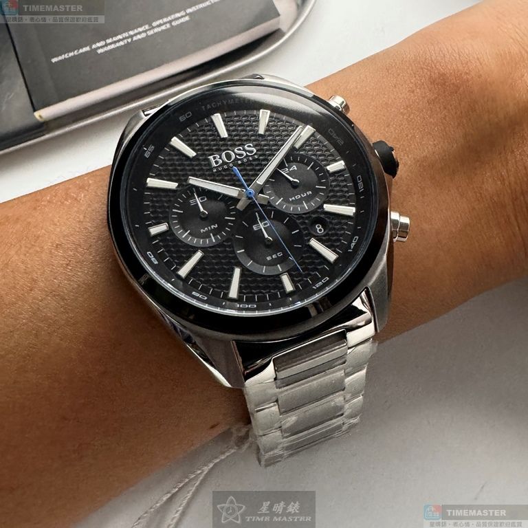 [星晴錶業]BOSS手錶,46mm,HB1513857黑色錶面銀錶殼銀色精鋼錶帶款, , large