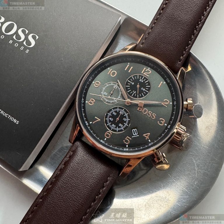 [星晴錶業]BOSS手錶,44mm,HB1513496黑色錶面玫瑰金錶殼咖啡色真皮皮革錶帶款, , large