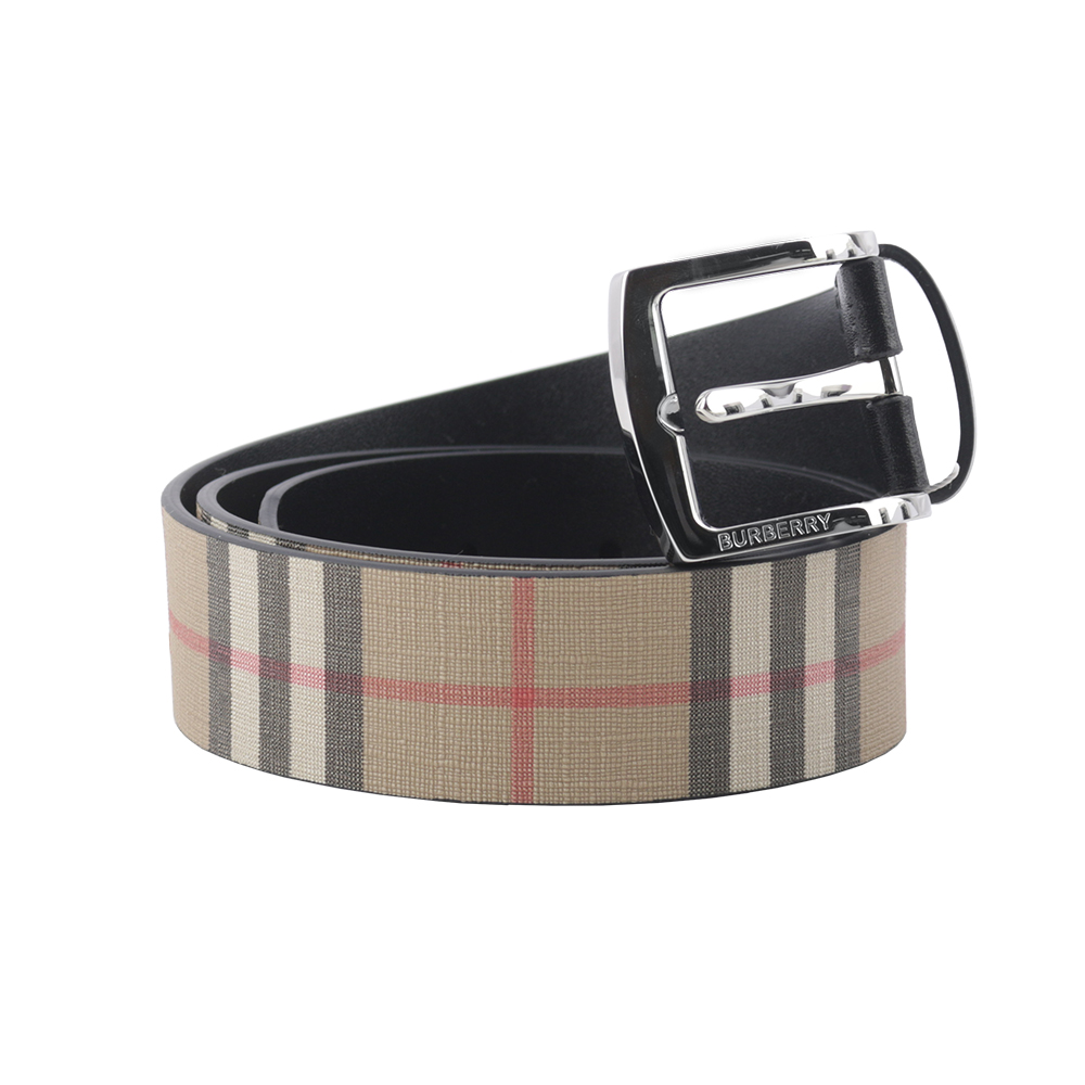 BURBERRY 銀色方釦經典帆布拼牛皮寬3.5cm/80cm皮帶/米色, , large