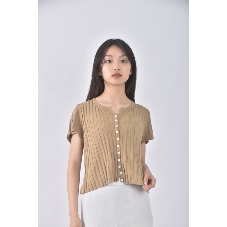 (S) tgys design質感跳色鈕扣杏色短袖上衣二手衣, , large