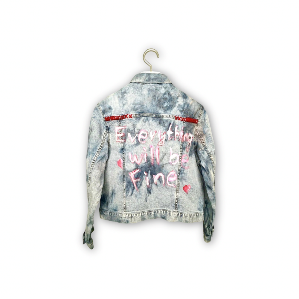 Strawberry milk design denim jacket washed blue, , large