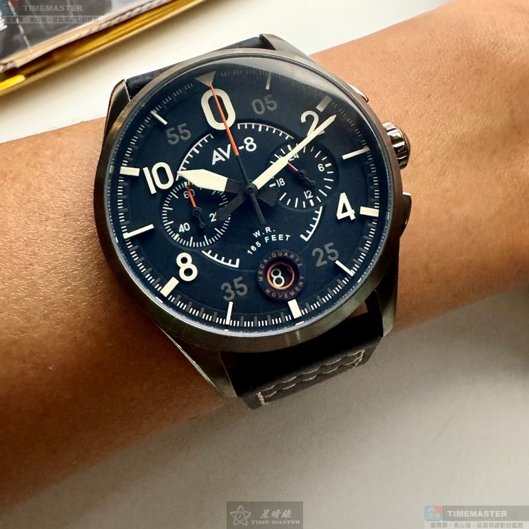 [星晴錶業]新品牌手錶,42mm,AV52668寶藍色錶面黑錶殼深黑色真皮皮革錶帶款, , large