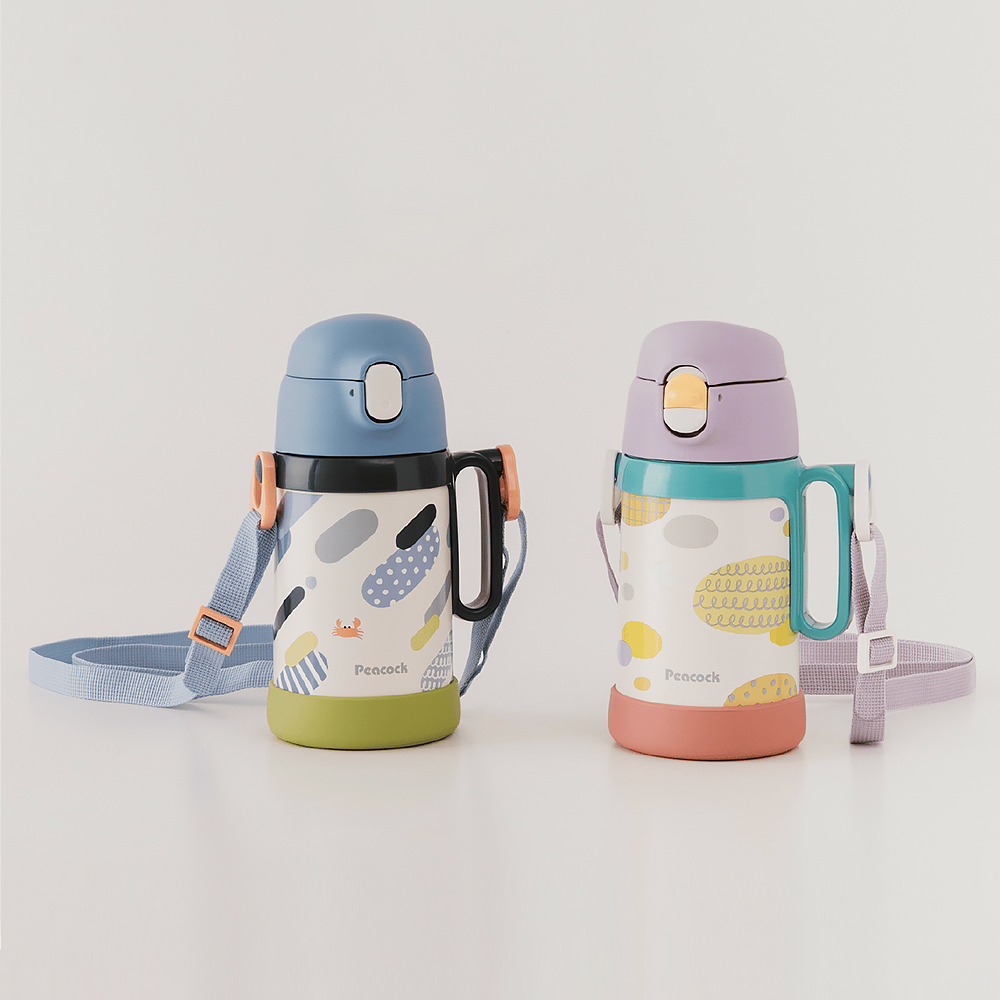 【日本孔雀Peacock】耐衝擊底座 直飲+吸管兩用 兒童不鏽鋼保溫杯水壺490ML(握把+背帶)-藍, 藍, large