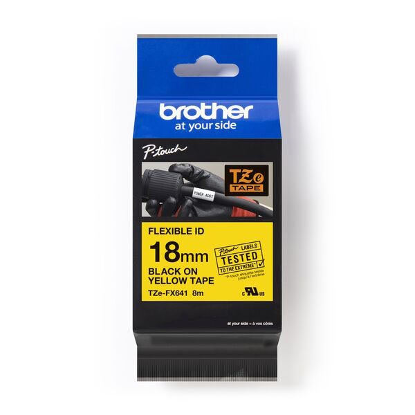 【 BROTHER】兄弟牌  黃底黑字 18mmx8M 抗凍(可彎曲)標籤帶/ 包 TZe-FX641