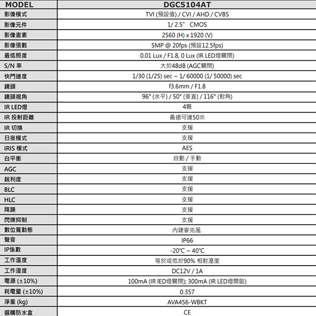 昌運監視器 AVTECH陞泰 DGC5104AT(替代DGC5105AT) 500萬 四合一槍型紅外線攝影機 內建麥克風, , large