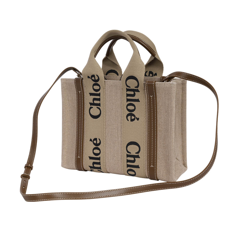 CHLOE' Woody 帆布拼牛皮手提/斜背二用托特包/小/銅棕色, , large