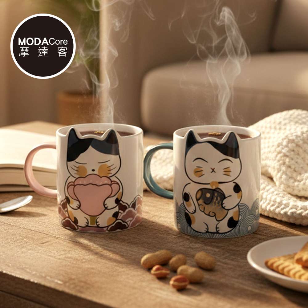 【摩達客】◉開運招財◉萌系療癒開運招財貓抱福抱魚陶瓷馬克杯組, , large