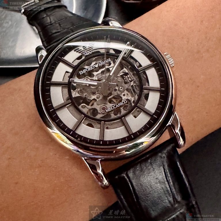 [星晴錶業]ARMANI手錶,44mm,AR00073機械鏤空錶面銀錶殼深黑色真皮皮革錶帶款, , large