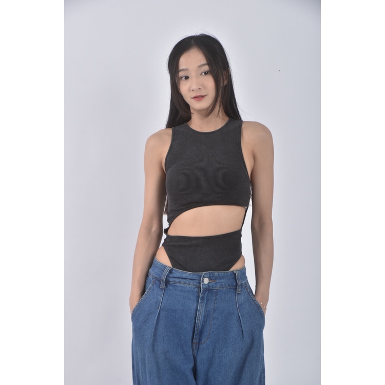 (S) 【里唯私服】RUMOR HAS IT高腰露肚開襠灰色連身裝二手衣, , large