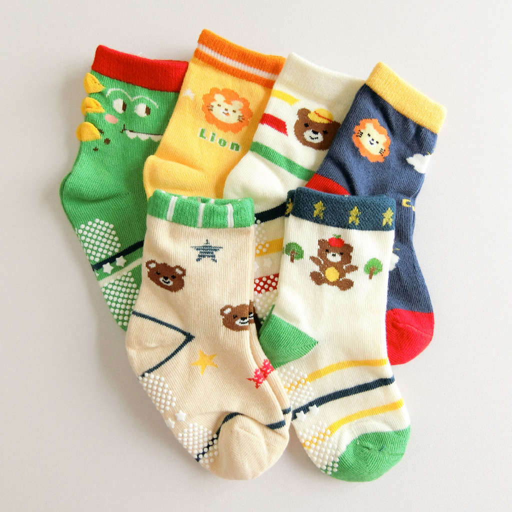 [Kaimei Cotton Industry] 10 pairs set, random and excellent, MIT made in Taiwan, pure cotton anti-slip children's socks, fun zoo style, 9-13cm, , large