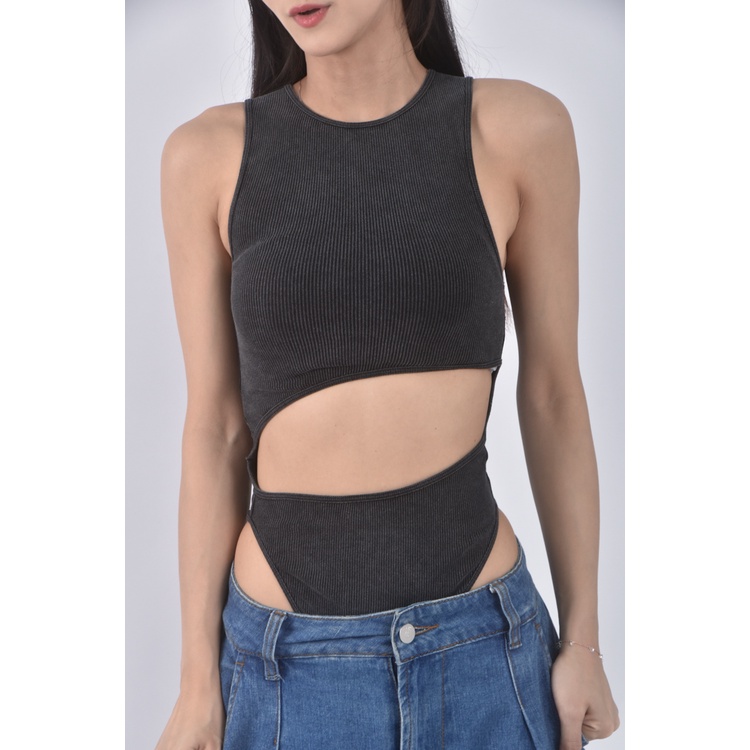 (S) 【里唯私服】RUMOR HAS IT高腰露肚開襠灰色連身裝二手衣, , large