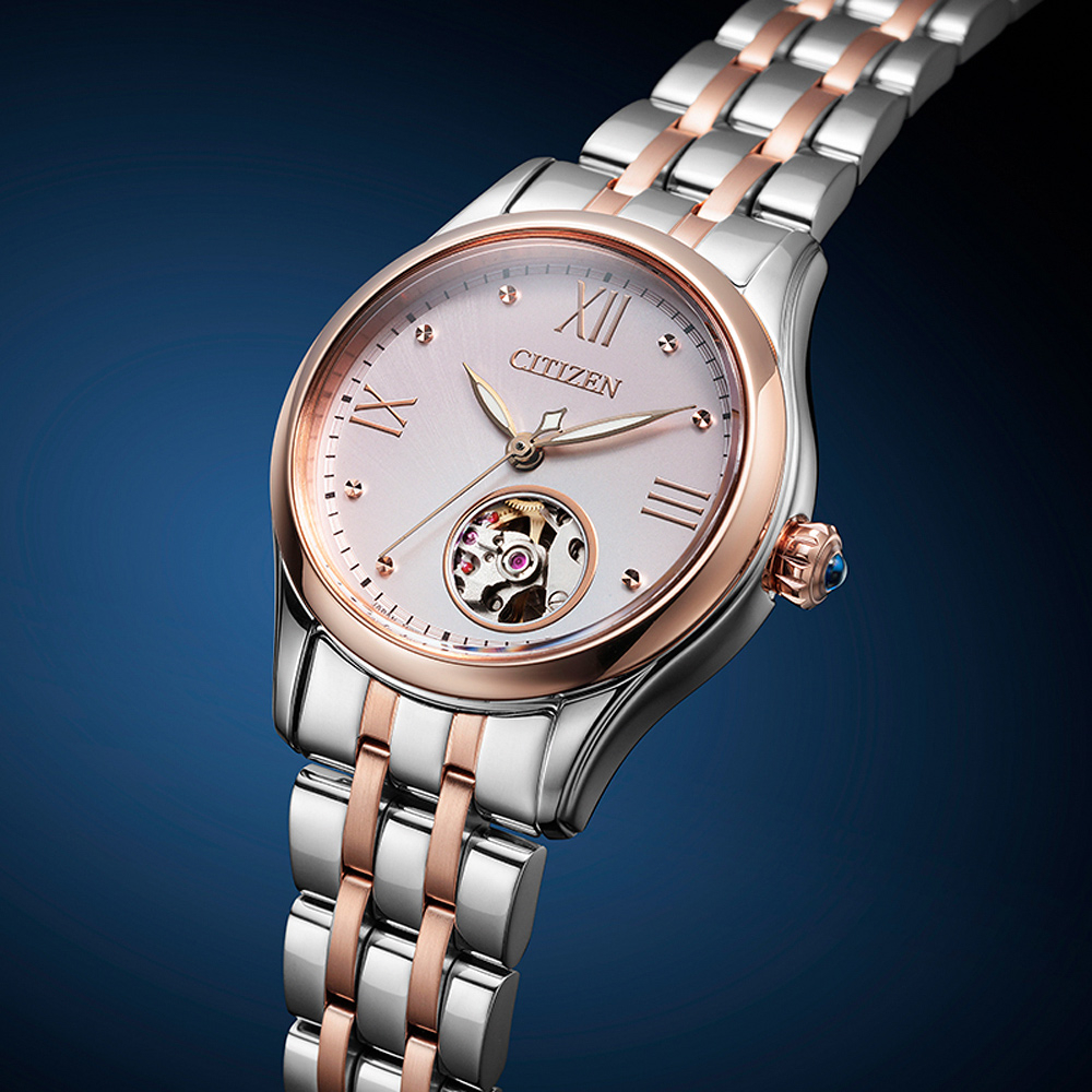 CITIZEN 星辰 小鏤空優雅機械女錶-銀x玫瑰金/28.5mm PR1044-87X, , large