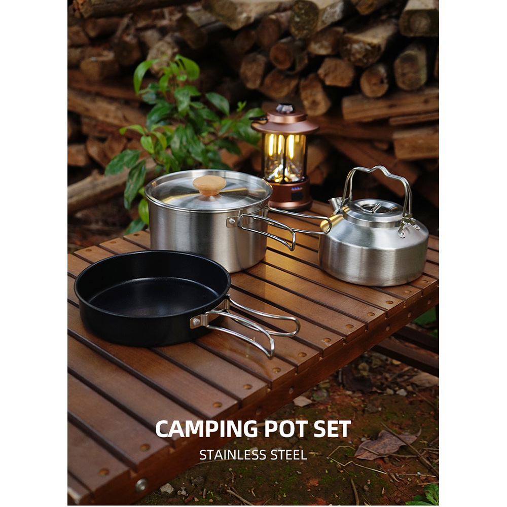Caiyi 4件套 不銹鋼鍋具組 露營套鍋 野營鍋 戶外鍋具, , large