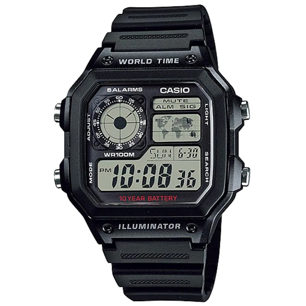 CASIO 卡西歐 10年電力 復古風 世界地圖計時手錶-黑 AE-1200WH-1A, , large
