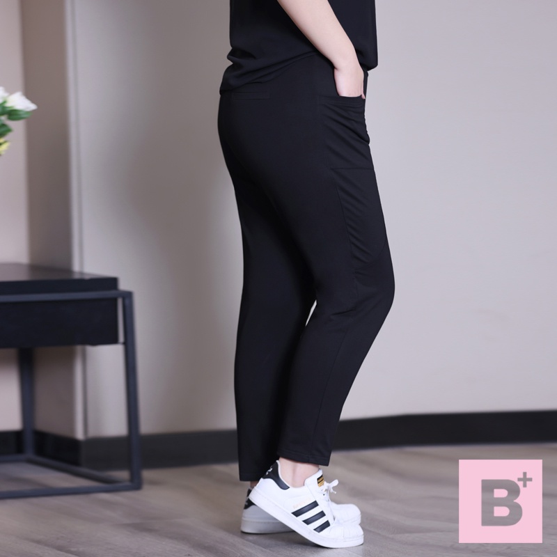 大尺碼-顯瘦-高腰-鬆緊-休閒褲-黑-0104045, , large