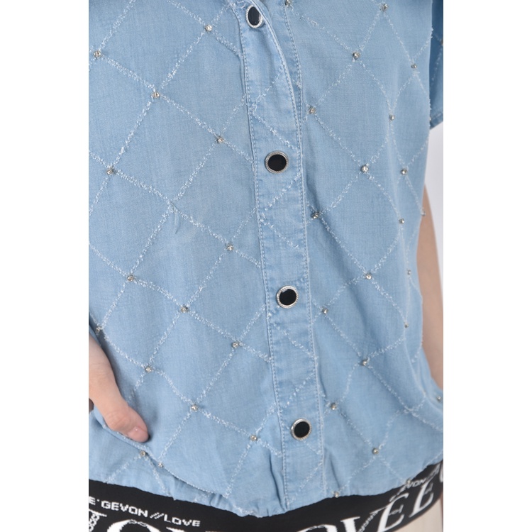 (S) fang fang丹寧牛仔棉質純棉藍色短袖上衣二手衣, , large