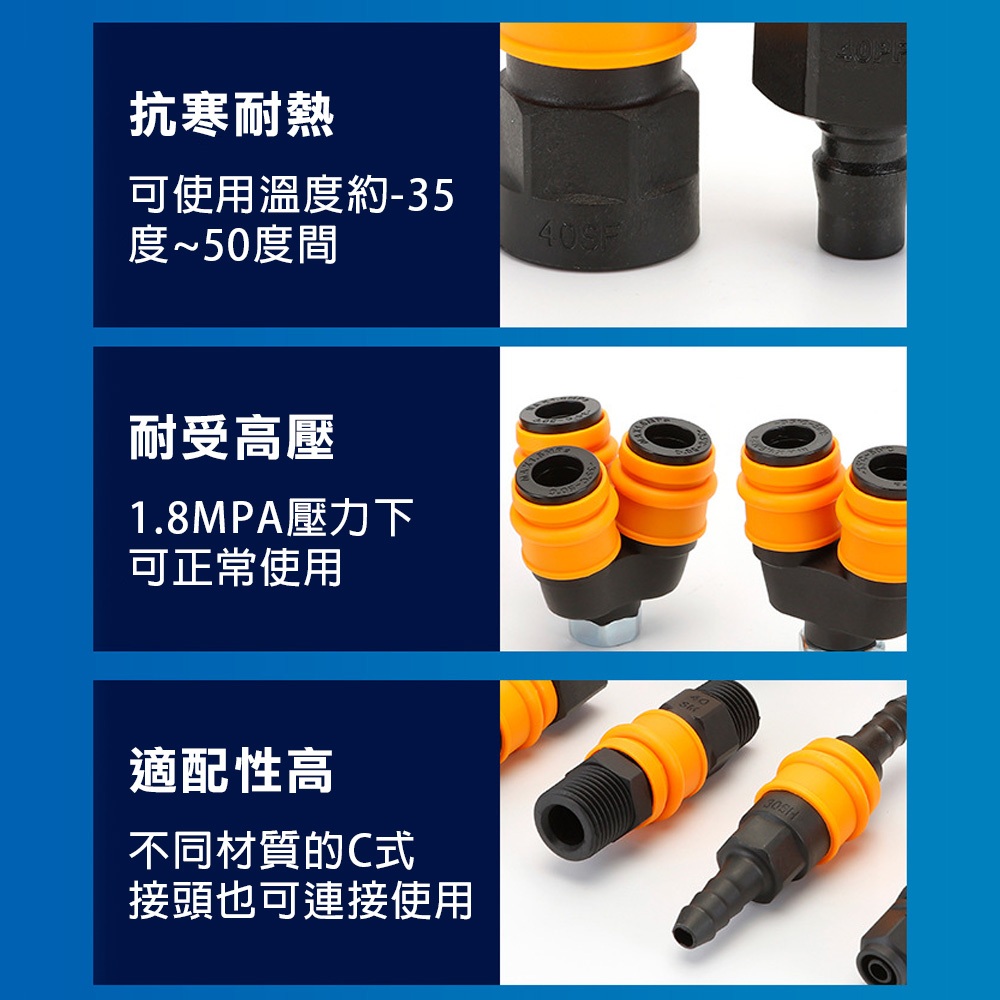 台灣現貨！快速接頭 單手插 塑鋼C式 自鎖接頭 空壓機公母頭 氣管接頭 風管接頭 氣泵接頭 圓三通 圓二通, , large