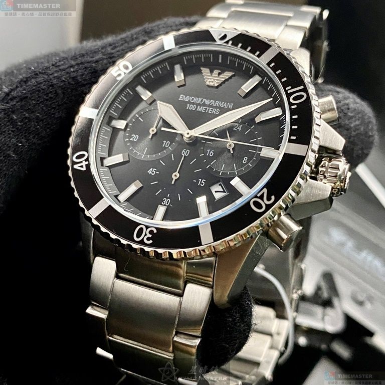 [星晴錶業]ARMANI手錶,42mm,AR00014黑色錶面黑錶殼銀色精鋼錶帶款, , large