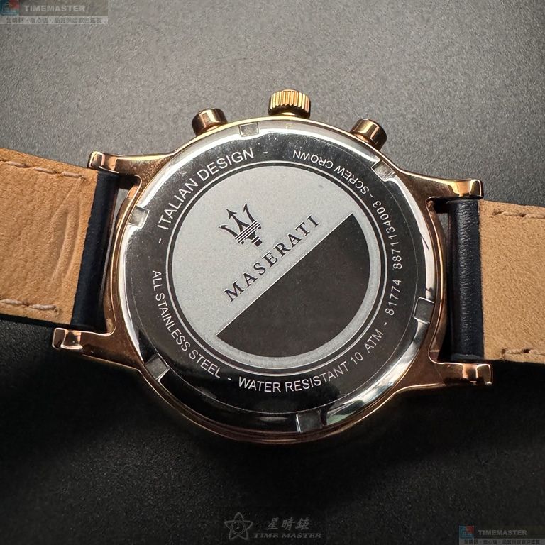 [星晴錶業]MASERATI手錶,44mm,R8871134003寶藍色錶面玫瑰金錶殼寶藍真皮皮革錶帶款, , large