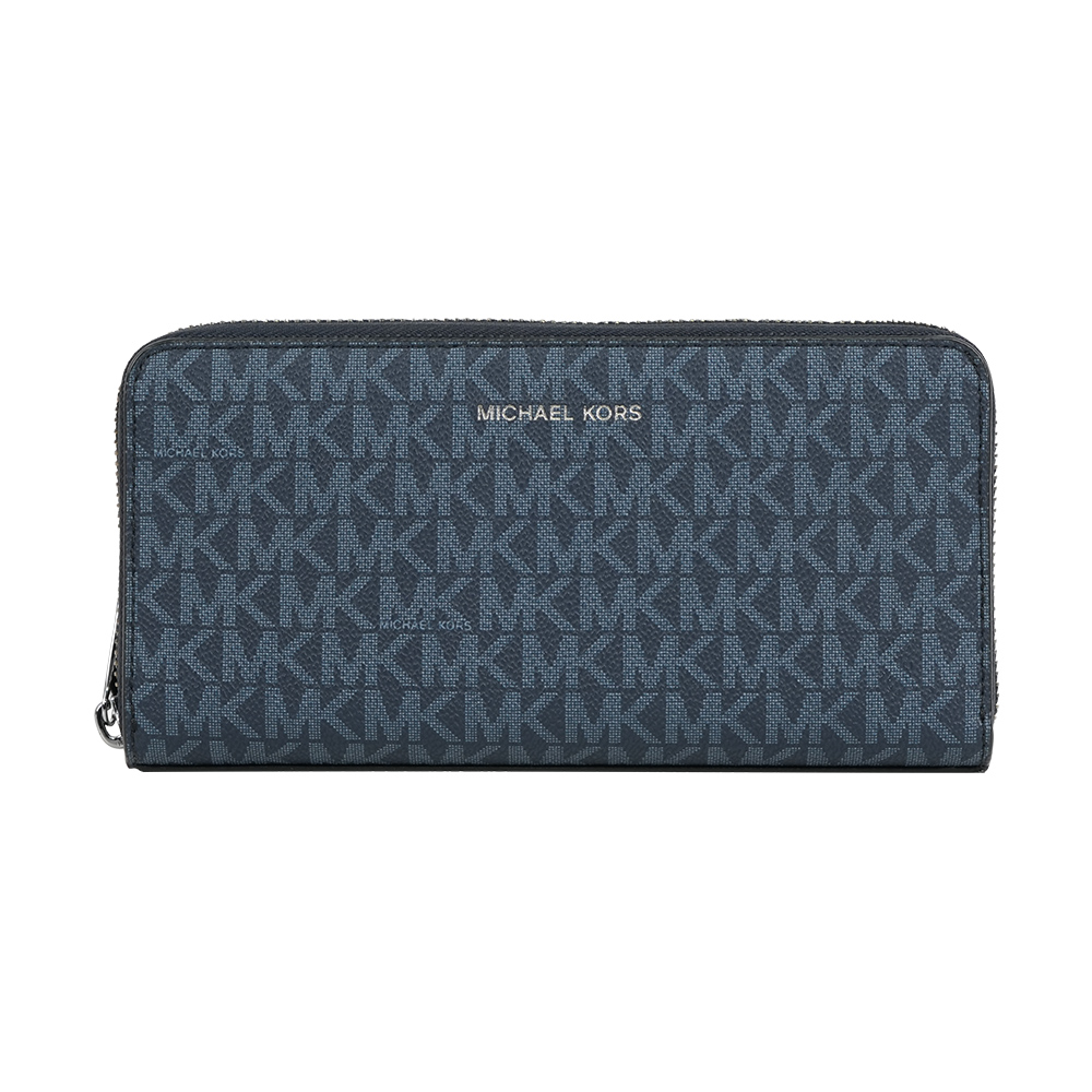 Michael Kors Cooper 銀字滿版塗層帆布ㄇ形拉鍊直式長夾(深藍色), , large
