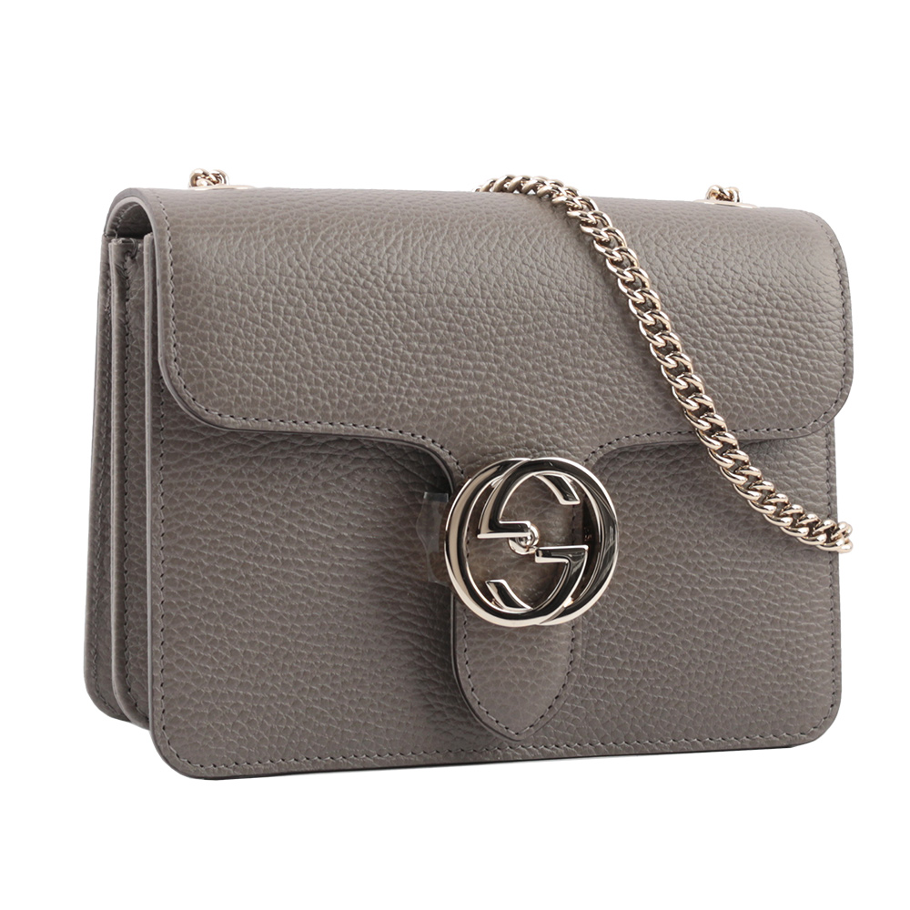 GUCCI 金屬雙G Logo荔枝皮革方形斜背包/灰色, , large