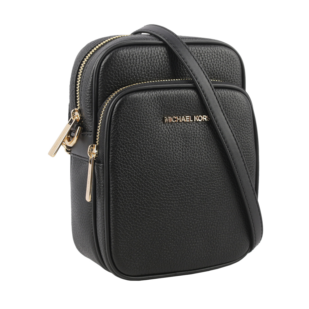 Michael Kors 金字荔枝皮革拉鍊中款直式斜背包/黑色, , large