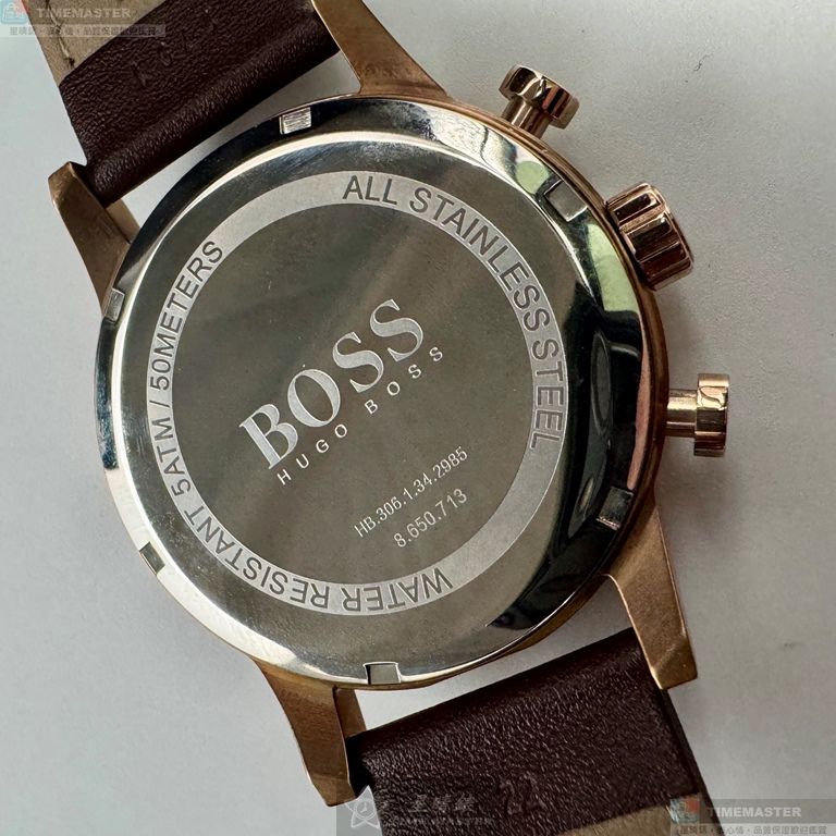 [星晴錶業]BOSS手錶,44mm,HB1513496黑色錶面玫瑰金錶殼咖啡色真皮皮革錶帶款, , large