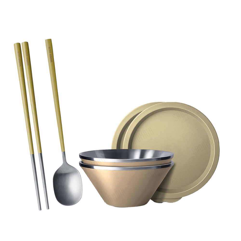 仙德曼雙層304不鏽鋼笠形湯碗-附蓋-20cm-2入-霧沙+316不鏽鋼餐具組-4套入, , large