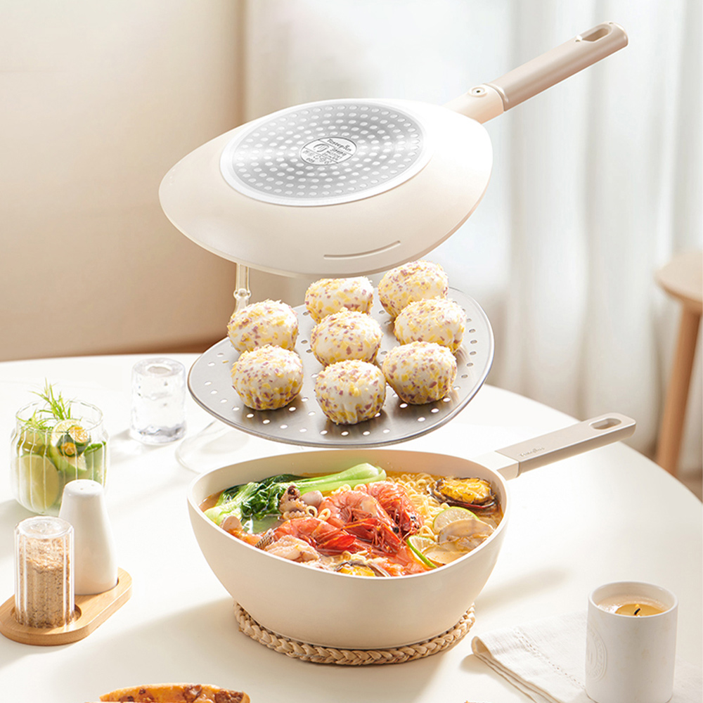 【Taste Plus】悅味元素 小資露營 居家 三角鍋 鈦+陶瓷不沾鍋 上下雙鍋組 18cm IH全對應(贈蒸盤)-珍珠白, , large