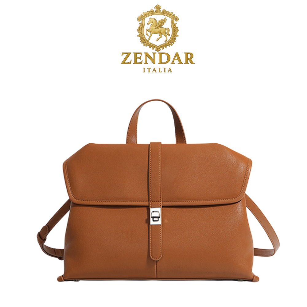 【ZENDAR】限量1折 頂級小牛皮手提包肩背包 愛莉莎系列 全新專櫃展示品(琥珀色), , large