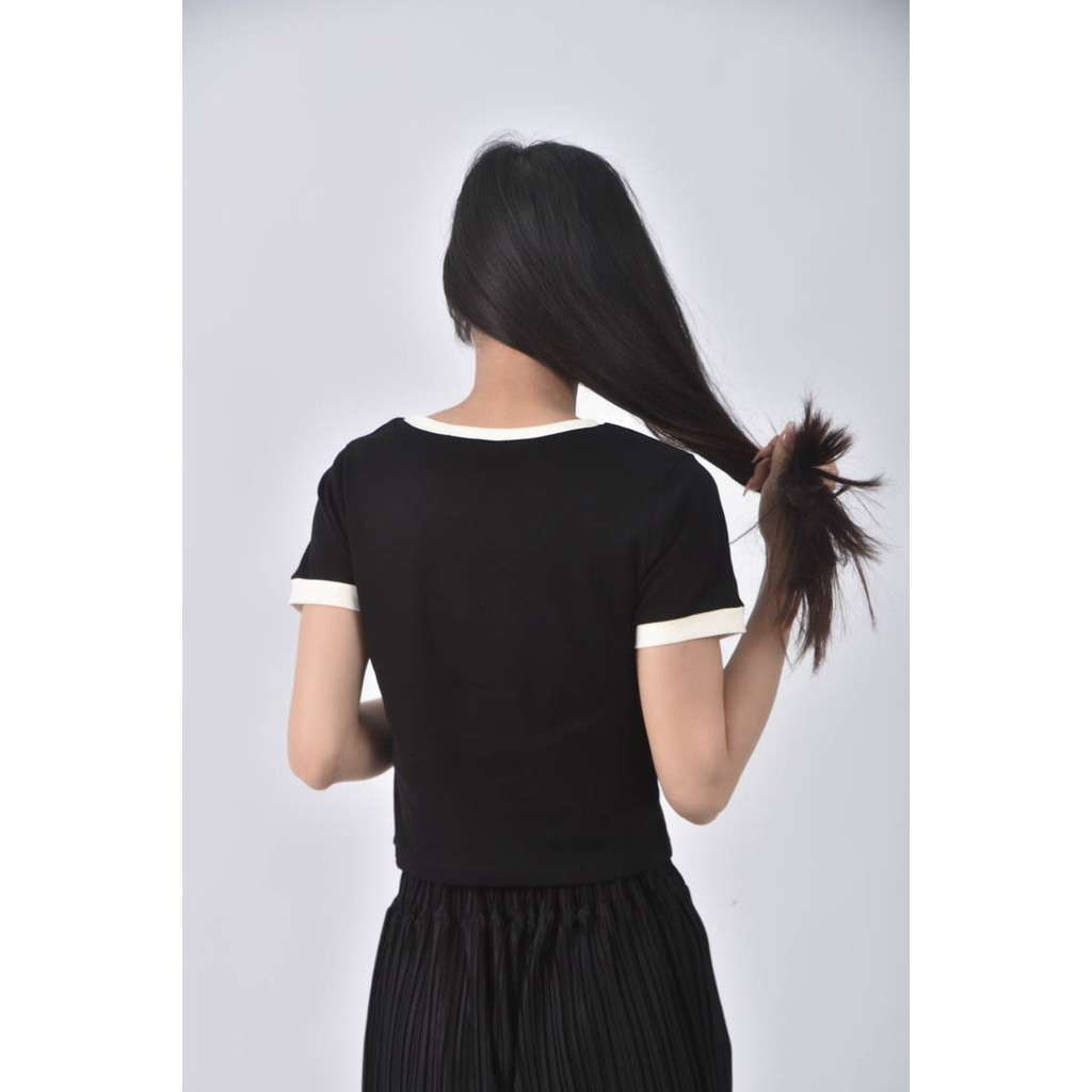 (S) 【粿粿私服】l 16撞色黑色短袖上衣二手衣, , large