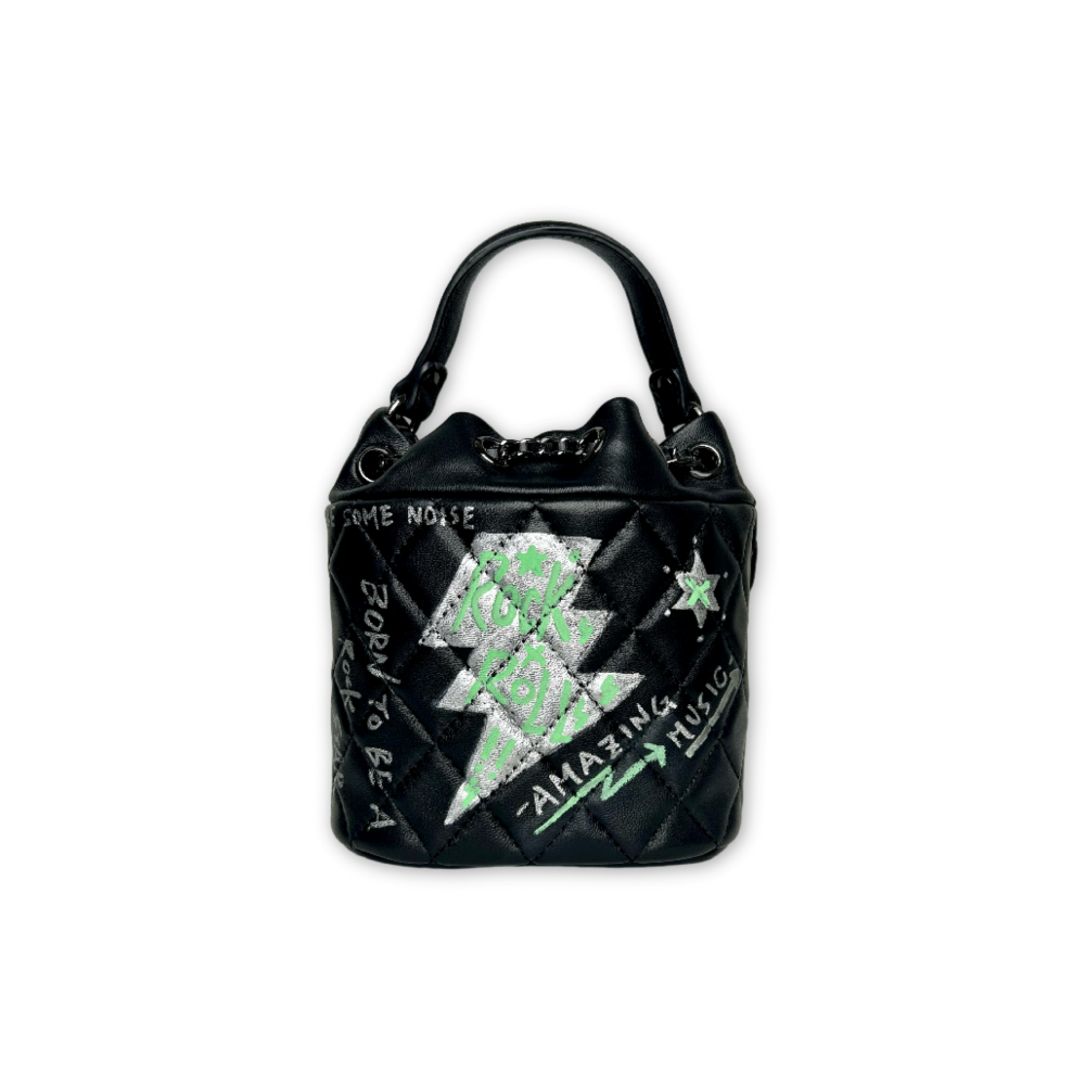 Painted Lightning Hand-drawn Bucket Bag Black (S), , large