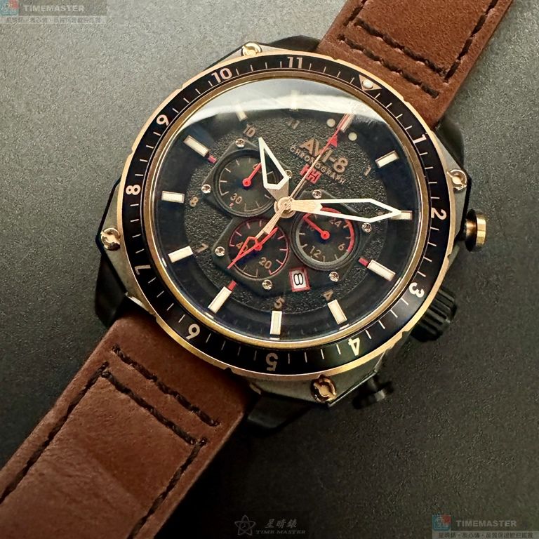 [星晴錶業]新品牌手錶,44mm,AV52667黑色玫瑰金色錶面玫瑰金錶殼咖啡色真皮皮革錶帶款
