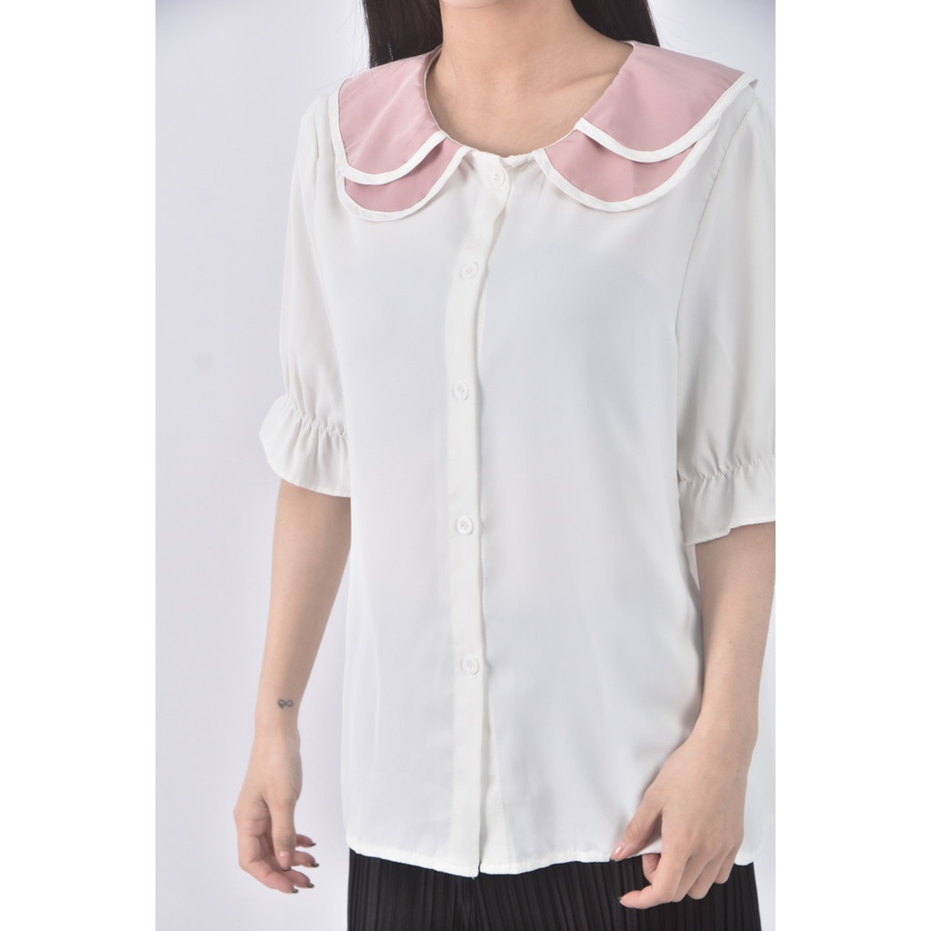 (S) mei ren yu質感荷葉領口白色短袖上衣二手衣, , large