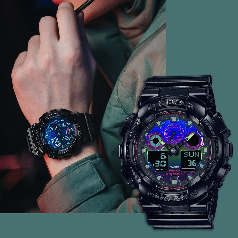 CASIO 卡西歐 G-SHOCK AI 探索虛擬彩虹系列雙顯手錶 GA-100RGB-1A, , large