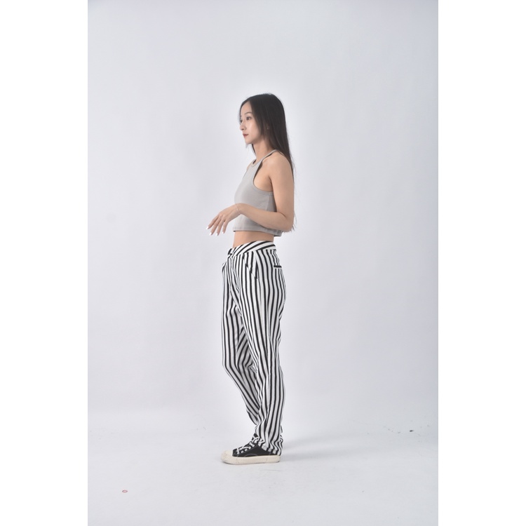 (M) pazzo高腰質感條紋白色長褲二手衣, , large