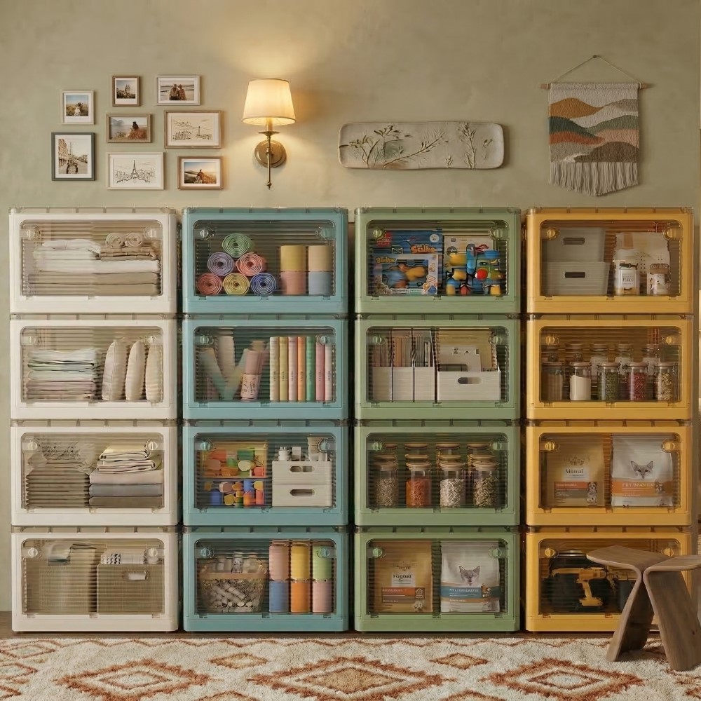 【AOTTO】72L升級加厚款五開門可疊加折疊收納箱-黃色4入(AL-260Y), , large