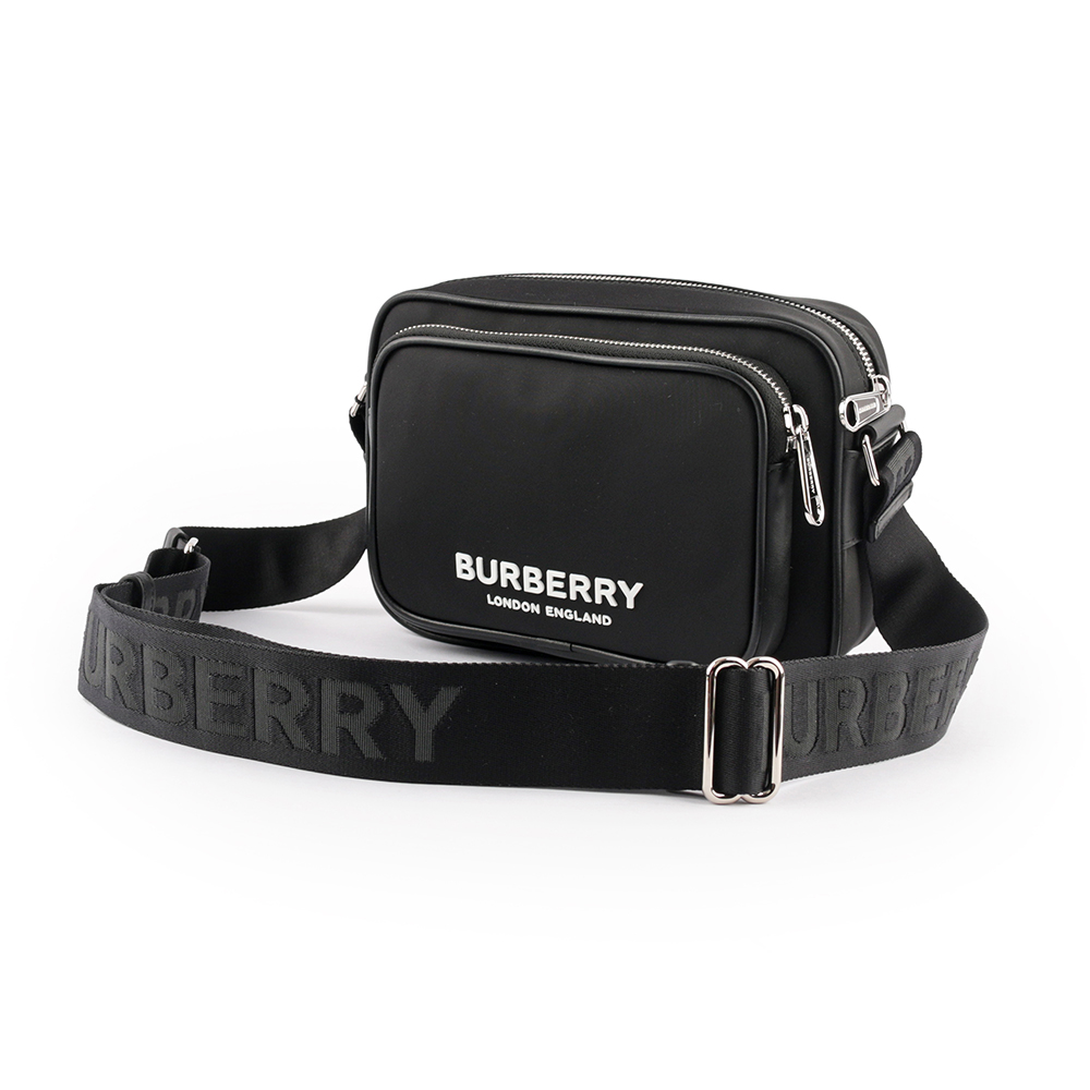 BURBERRY 徽標Logo 尼龍口袋雙拉鍊斜背包/黑色, , large