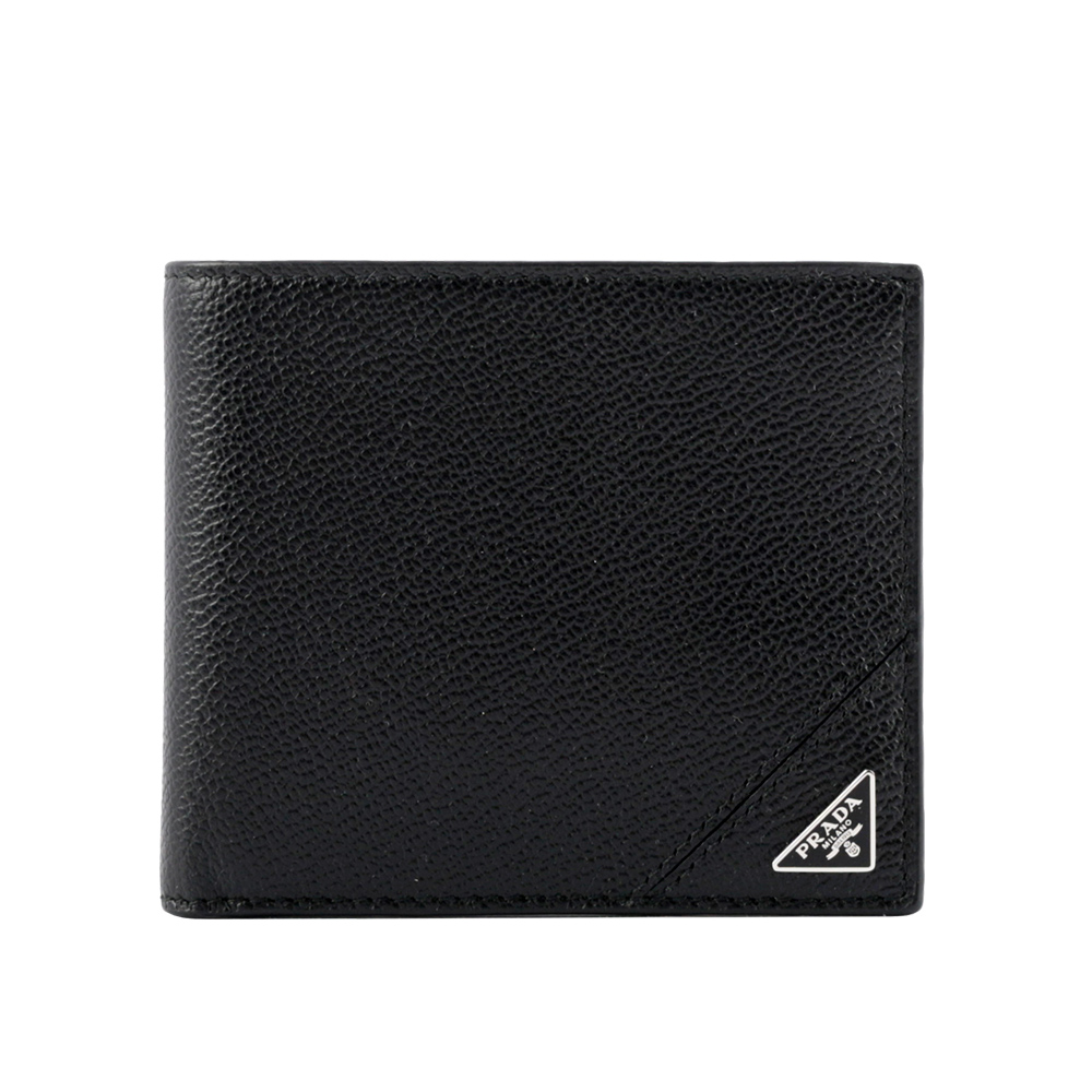PRADA 三角牌Logo粒紋牛皮對開8卡短夾/黑色, , large