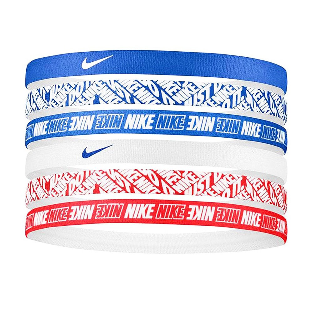 NIKE 印花髮帶6入 健身 訓練 跑步 戶外 運動髮帶 髮圈 花紋 時尚 多色 彈性 舒適 矽膠條 防滑 止滑 藍白紅, , large