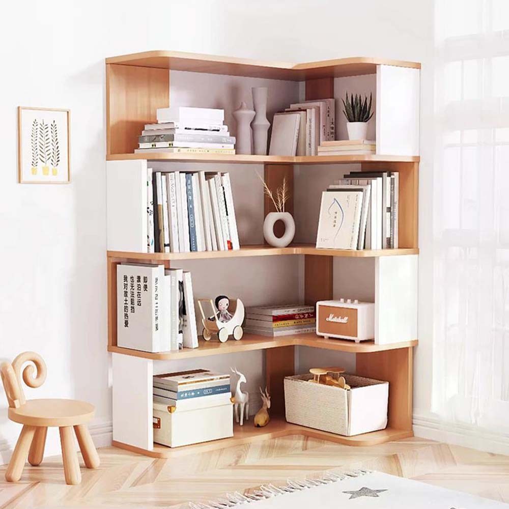【樂樂】L型轉角簡約實用書架雙色原木+白色4層90x60(實木書架 層架 置物架 收納架), , large