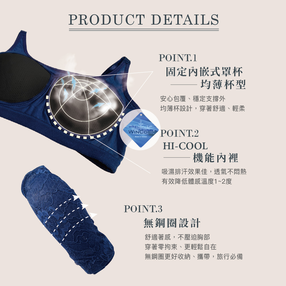 【可蘭霓Clany】台灣製蕾絲涼感多功能M-2XL無鋼圈內衣 藍色 6920-55, , large