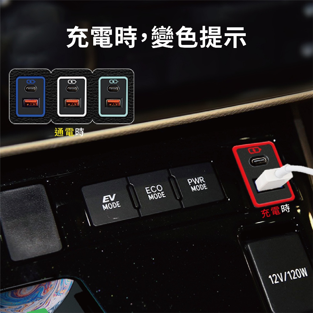 [CARSTER]豐田TOYOTA 預留孔車充｜中型款 USB雙孔變色燈車充｜崁入式3.0快充「附翹棒」, , large